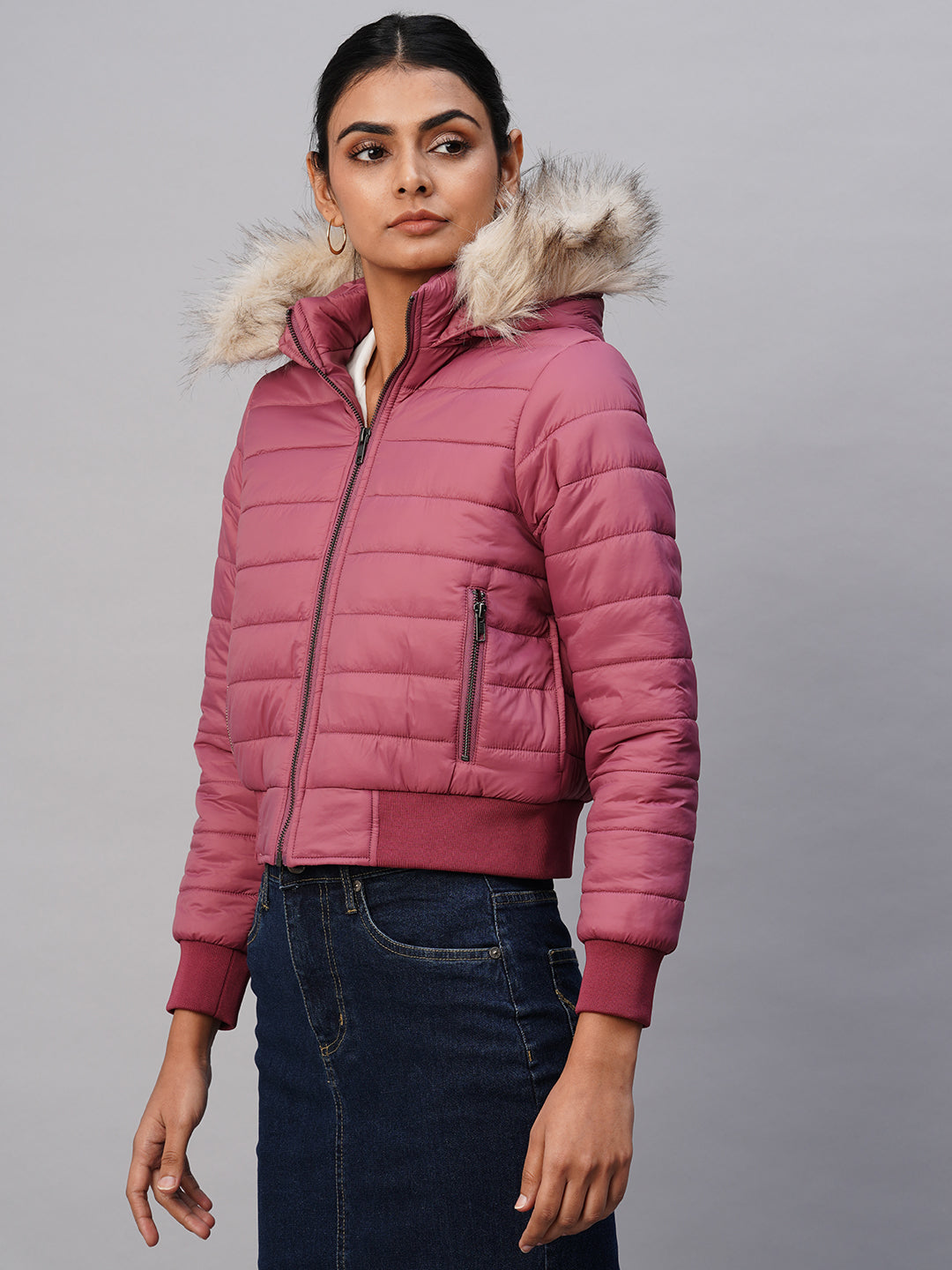 PUFFER BOMBER W/ FAUX FUR LINED HOODIE