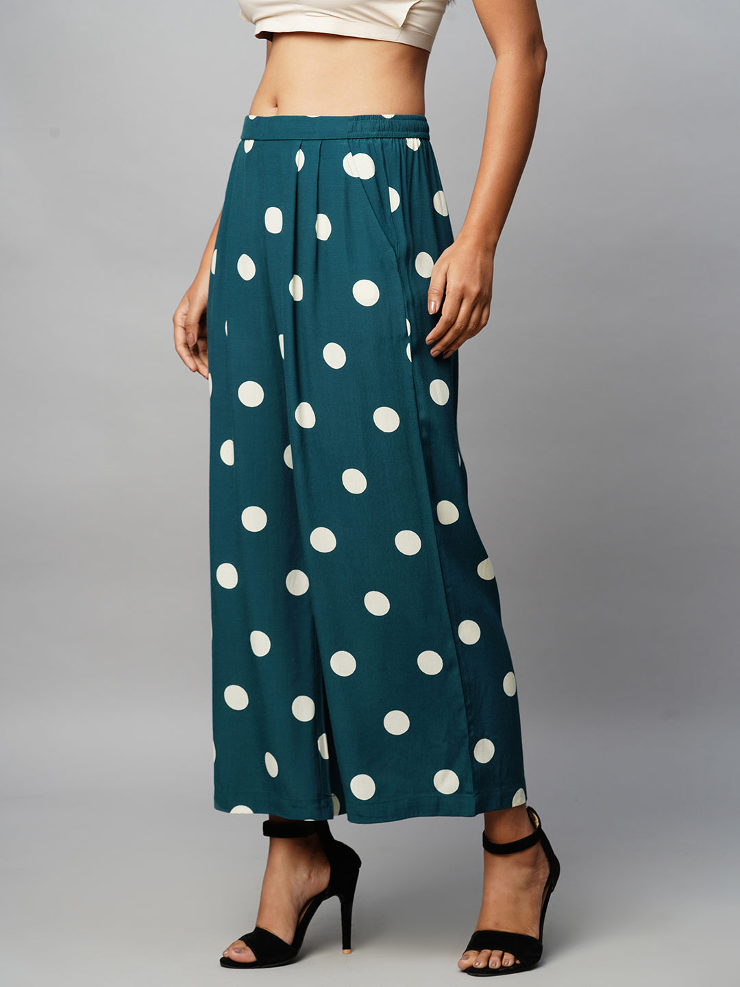 Polka Dot Viscose Crepe Pleated Pull On Trouser