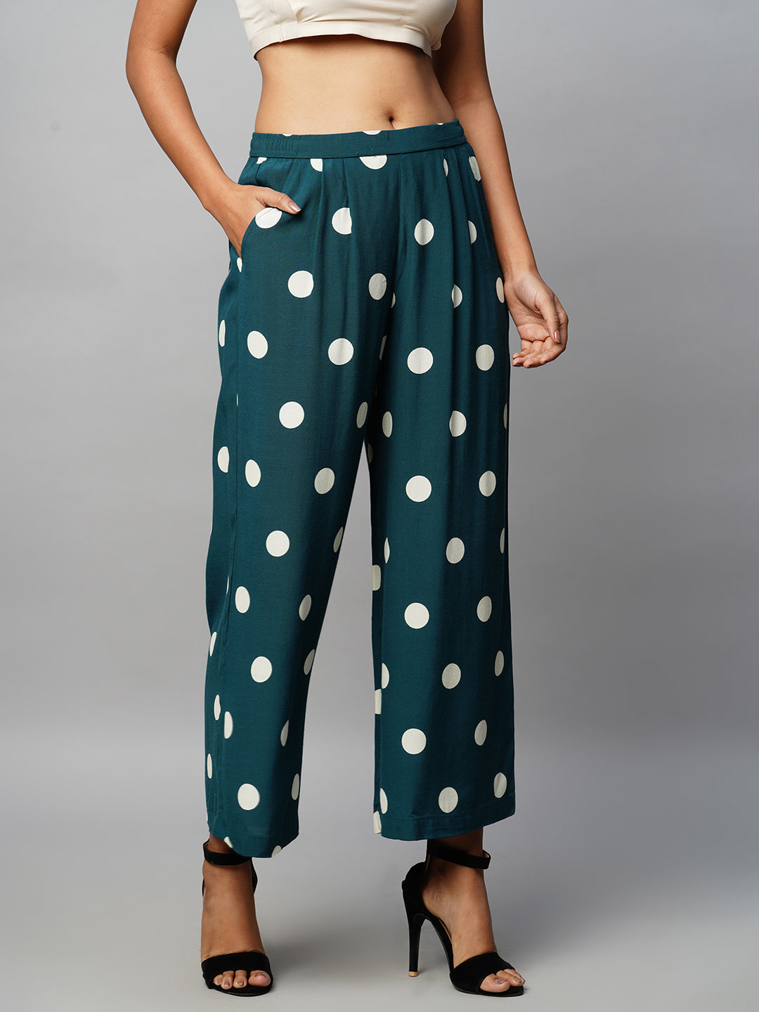 Polka Dot Viscose Crepe Pleated Pull On Trouser