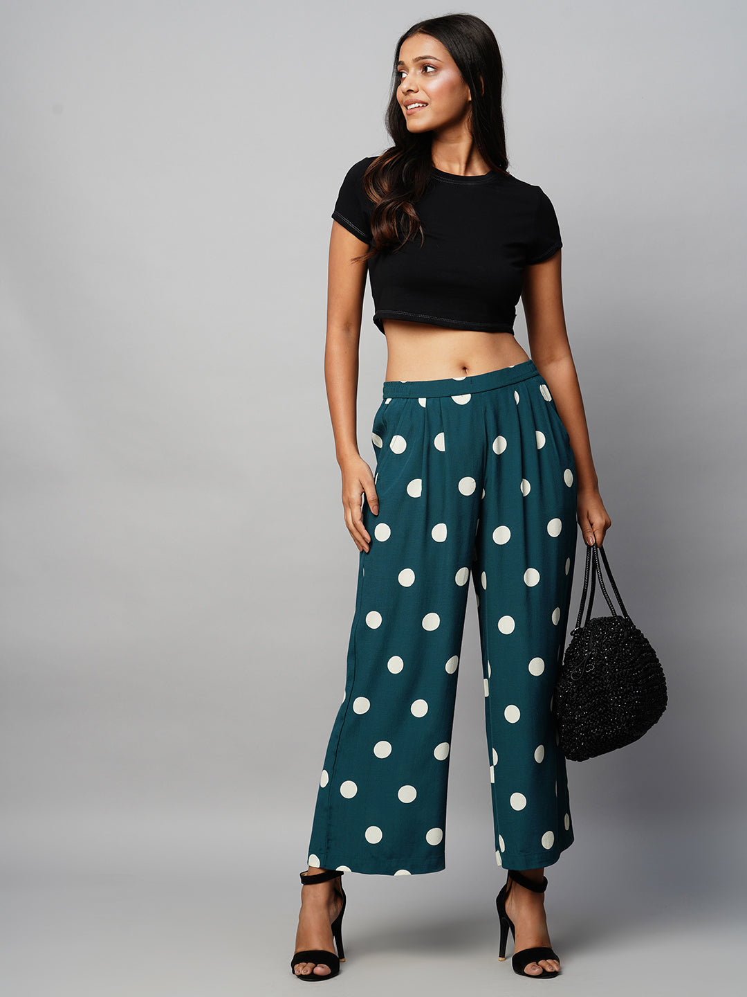 Polka Dot Viscose Crepe Pleated Pull On Trouser