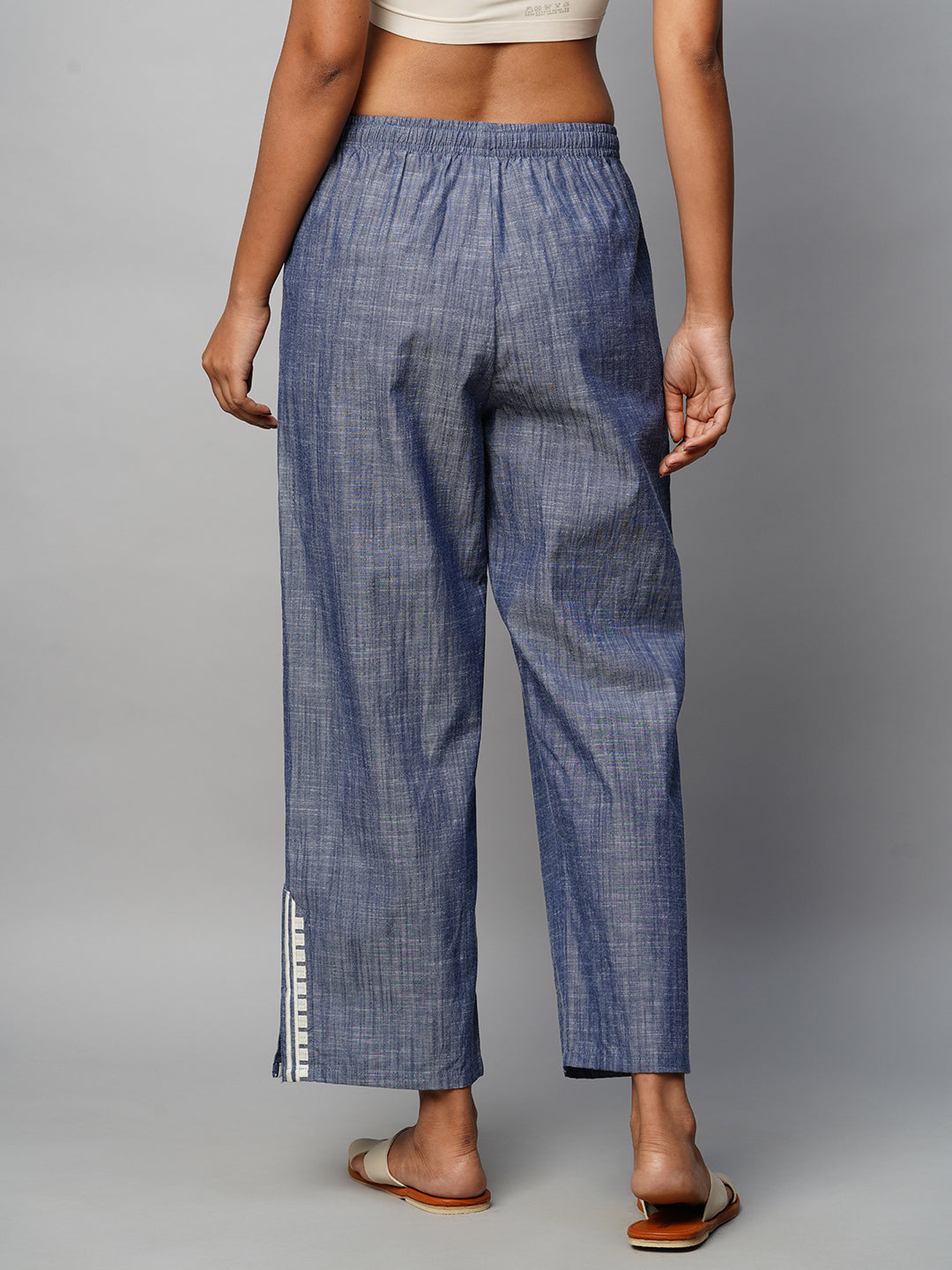 Crosshatch Cotton Chambray Pull On Pants With Embroidered Side Slits