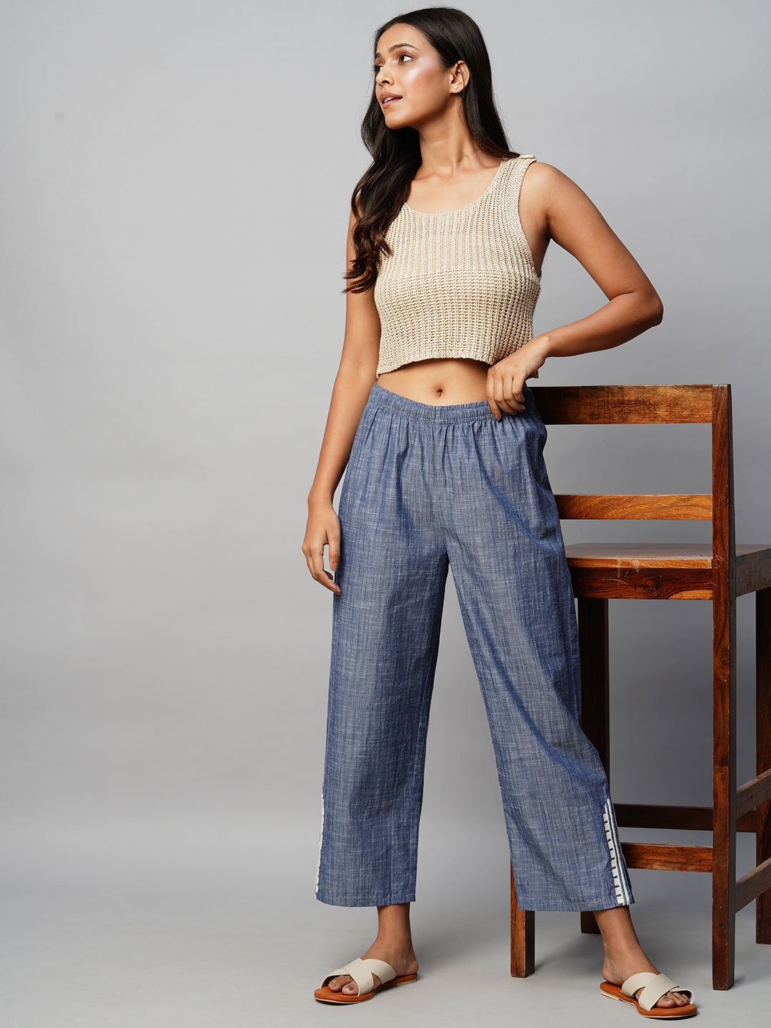 Crosshatch Cotton Chambray Pull On Pants With Embroidered Side Slits