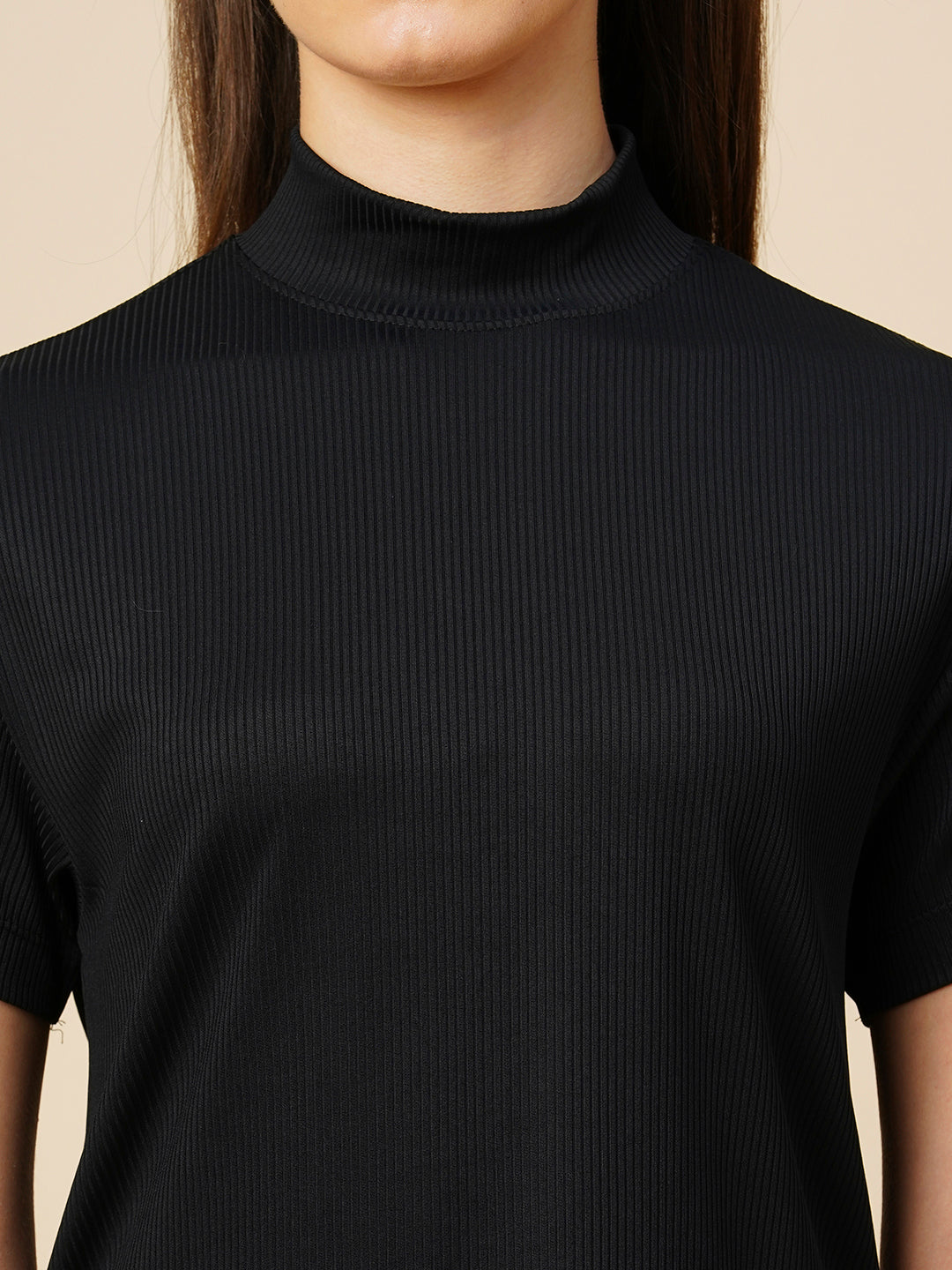 Ribbed Knit High Neck Tee And Fitted Skirt "Airport Look Co-Ord Set"