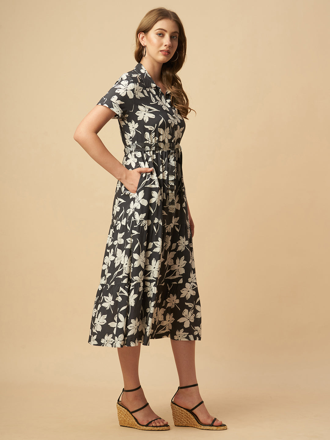 FLORAL PRINTED RAYON TIERED DRESS