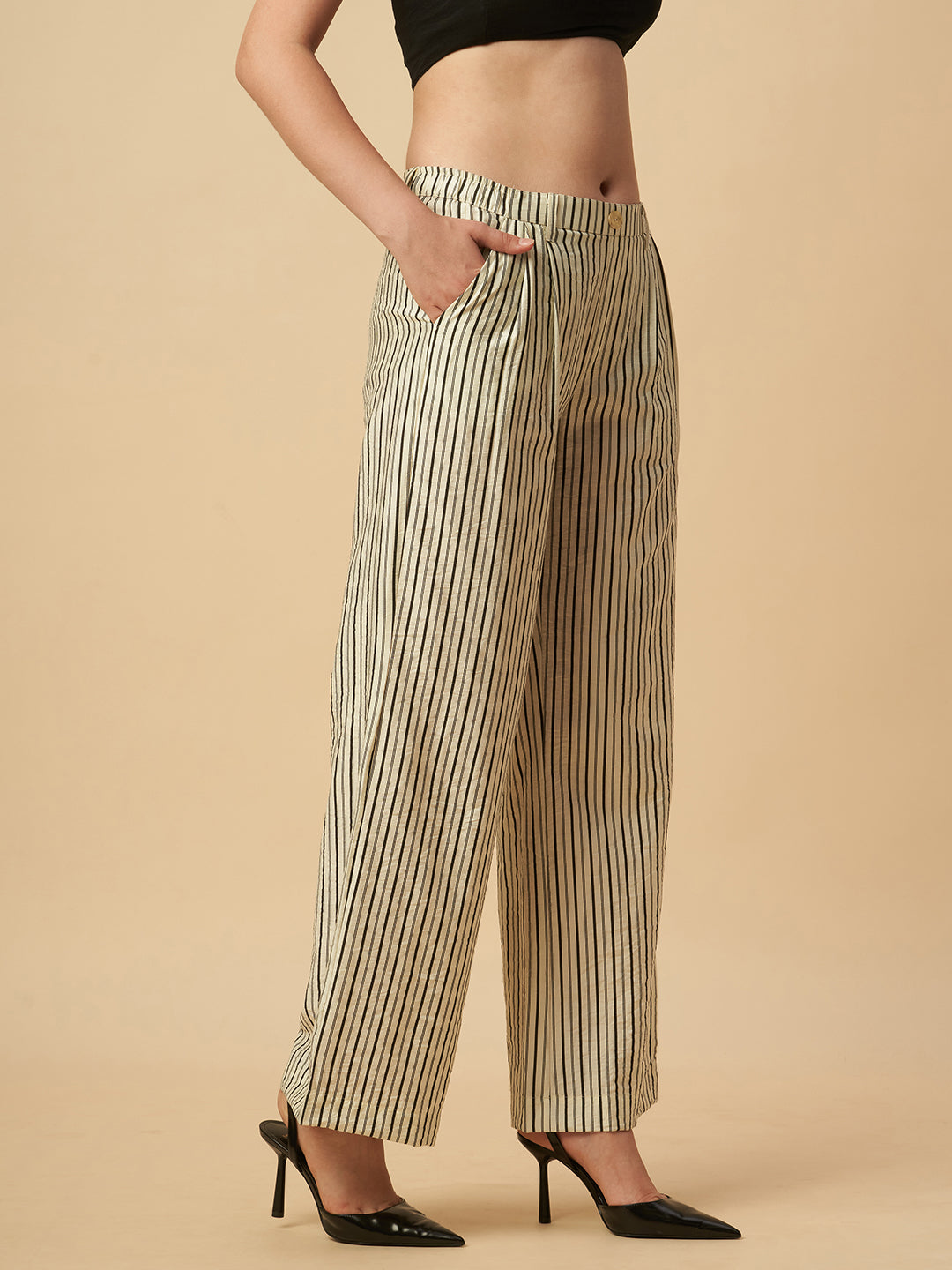 PRINTED STRIPES PLEATED SLIP ON TROUSERS
