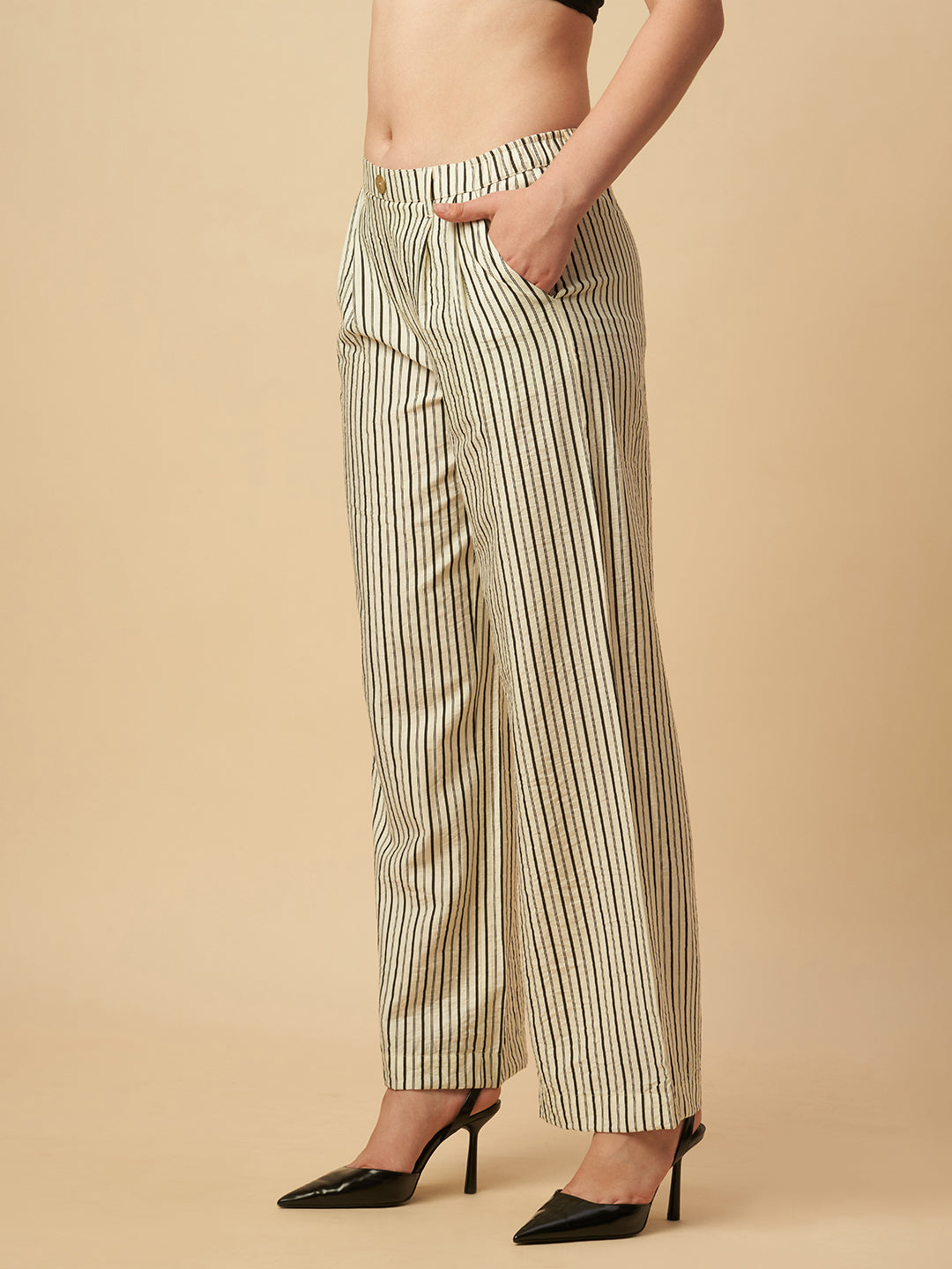 PRINTED STRIPES PLEATED SLIP ON TROUSERS