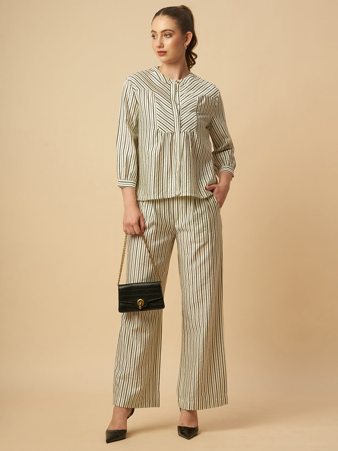 PRINTED STRIPES PLEATED SLIP ON TROUSERS