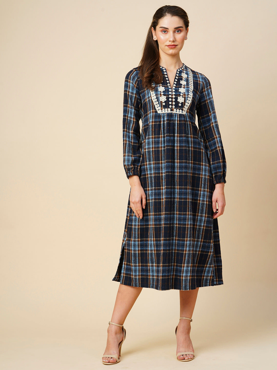 Brushed Flannel Embroidered Tunic Dress W/ Back Tie Up
