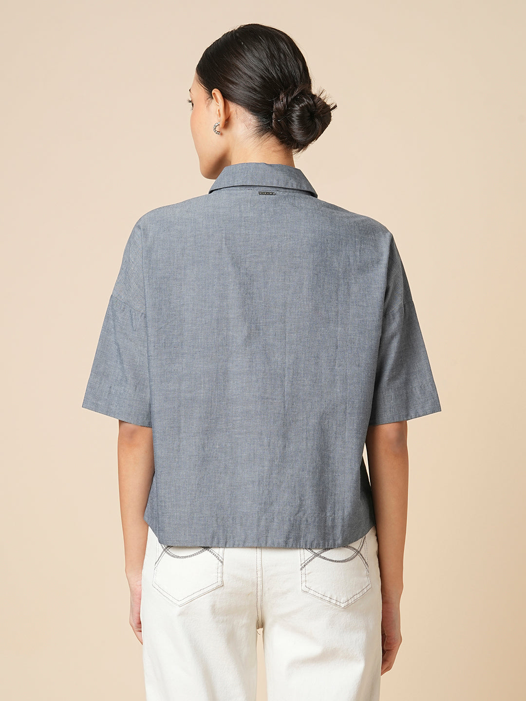 COTTON CHAMBRAY OVERSIZED CROPPED SHIRT