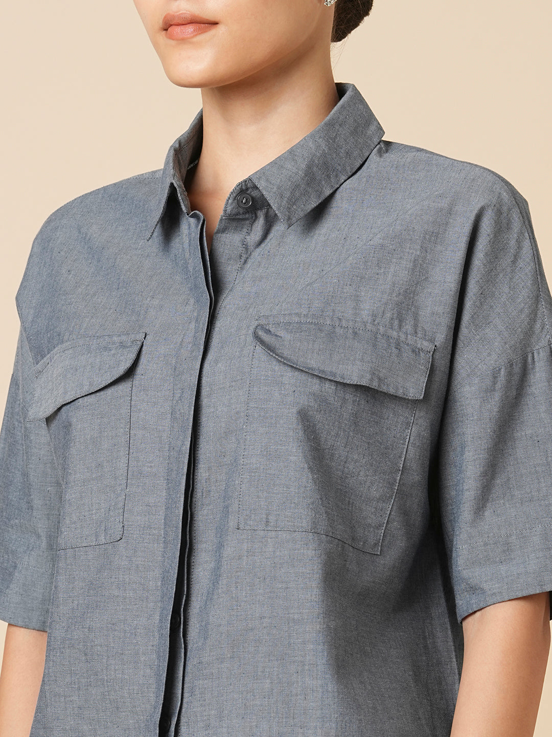 COTTON CHAMBRAY OVERSIZED CROPPED SHIRT