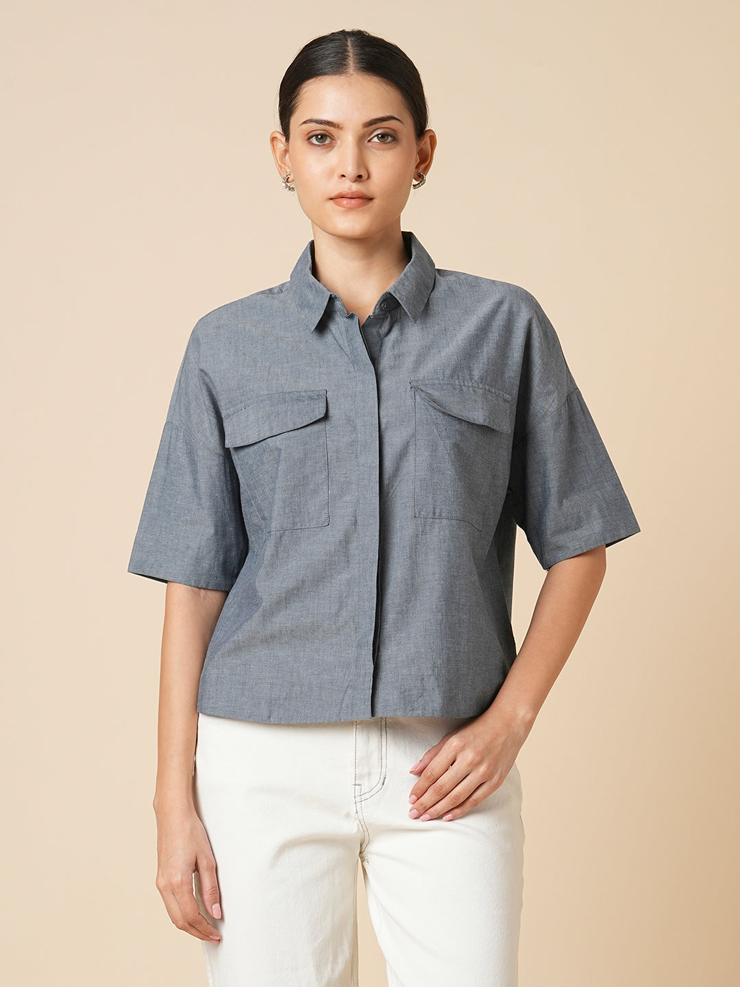 COTTON CHAMBRAY OVERSIZED CROPPED SHIRT
