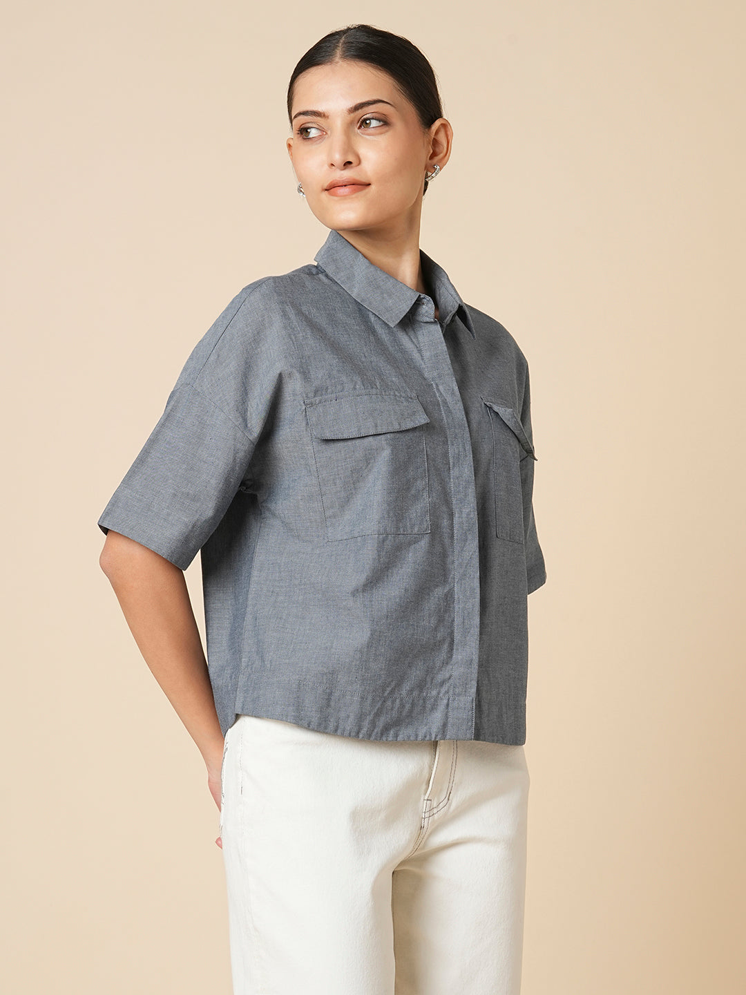COTTON CHAMBRAY OVERSIZED CROPPED SHIRT