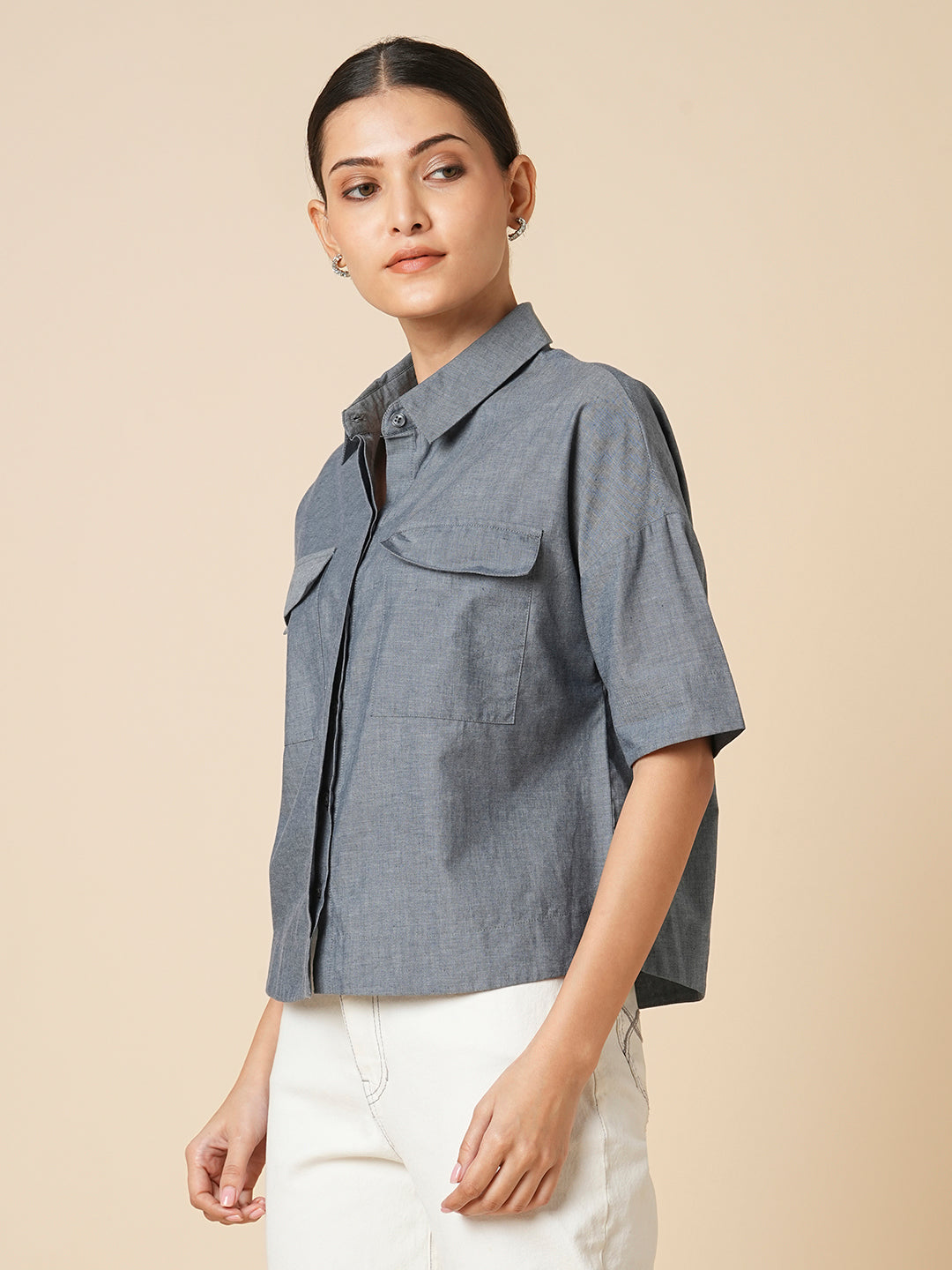 COTTON CHAMBRAY OVERSIZED CROPPED SHIRT