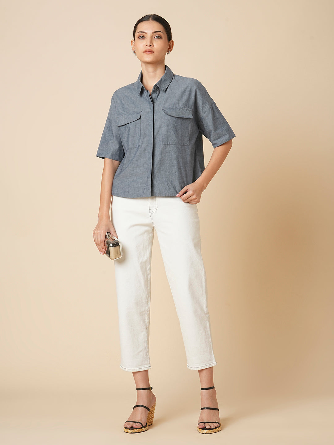 COTTON CHAMBRAY OVERSIZED CROPPED SHIRT