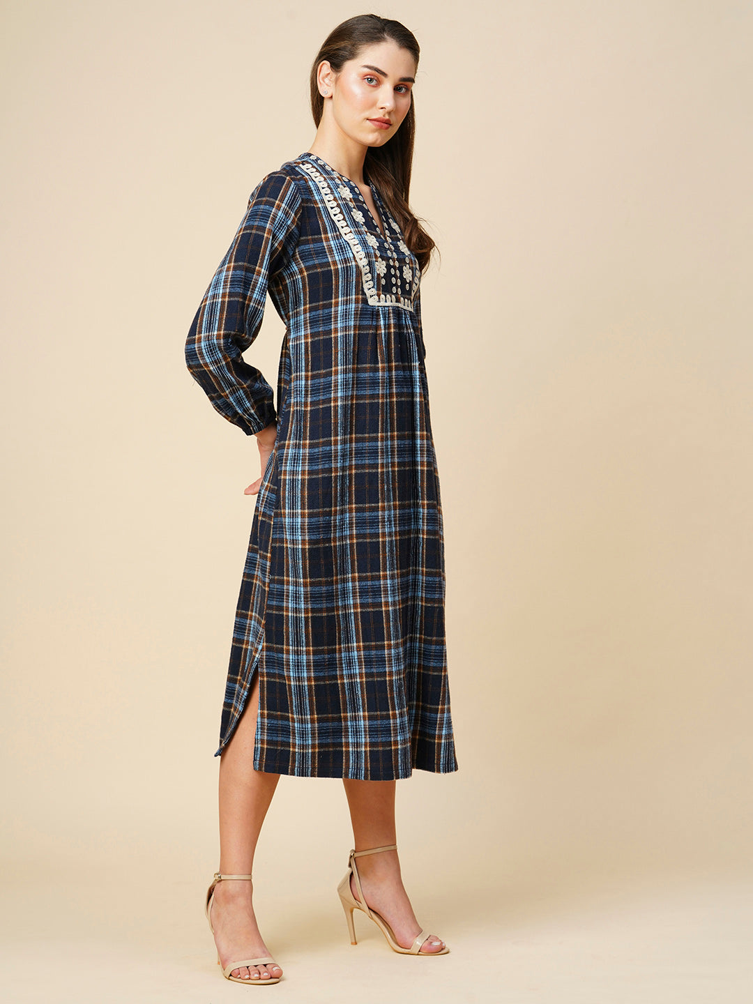 Brushed Flannel Embroidered Tunic Dress W/ Back Tie Up