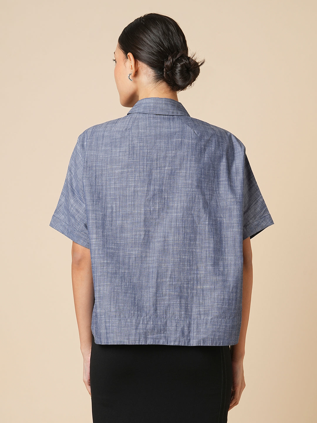 COTTON CHAMBRAY OVERSIZED CROPPED SHIRT