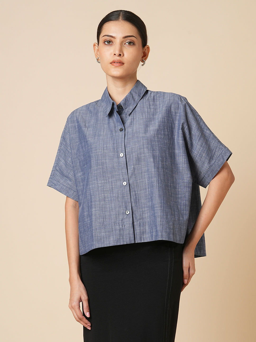 COTTON CHAMBRAY OVERSIZED CROPPED SHIRT