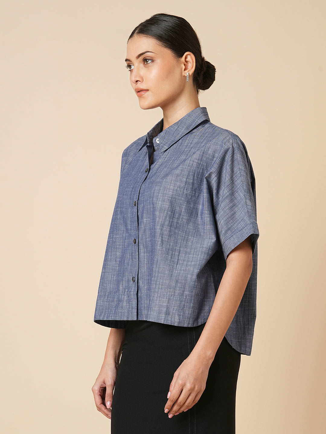 COTTON CHAMBRAY OVERSIZED CROPPED SHIRT