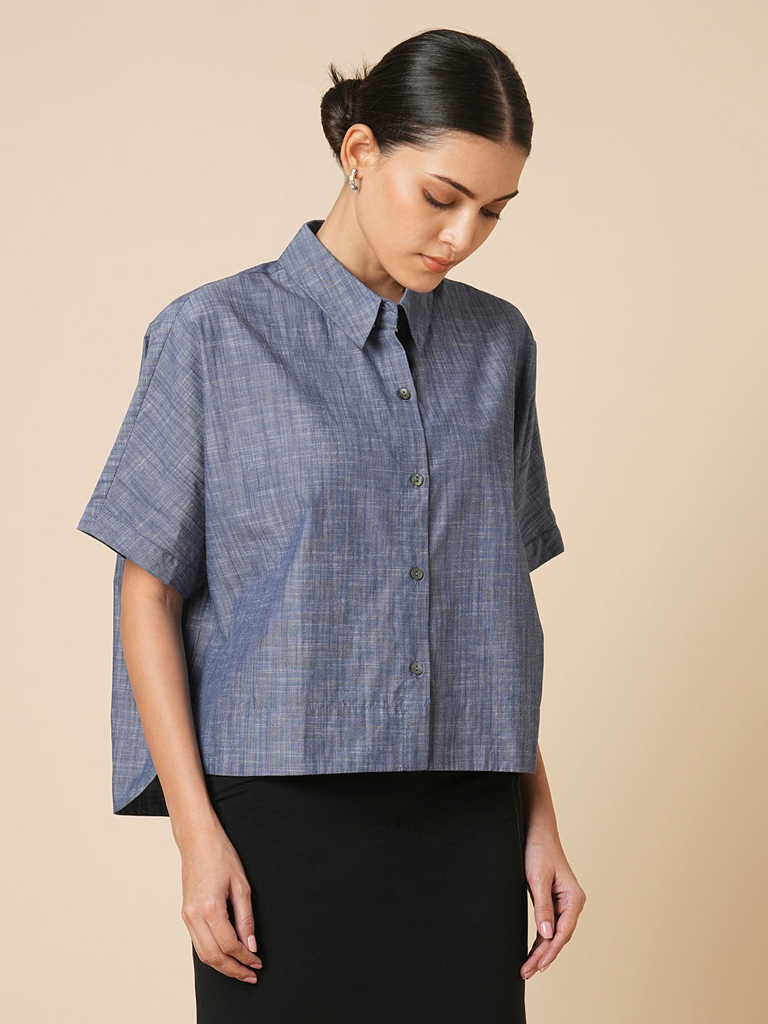 COTTON CHAMBRAY OVERSIZED CROPPED SHIRT