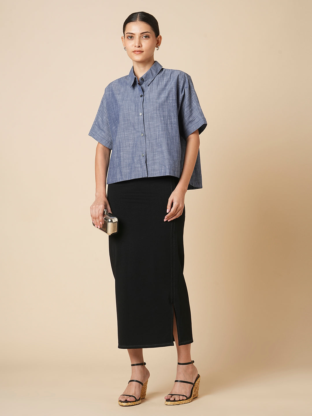 COTTON CHAMBRAY OVERSIZED CROPPED SHIRT