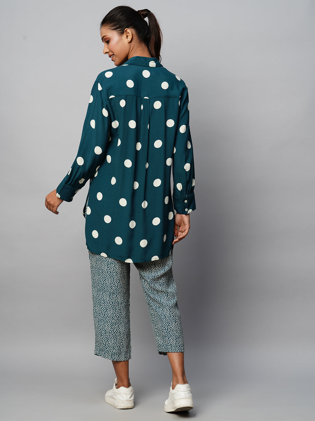 Mix Dot Viscose Crepe Longline Shirt & Pleated Pant Set