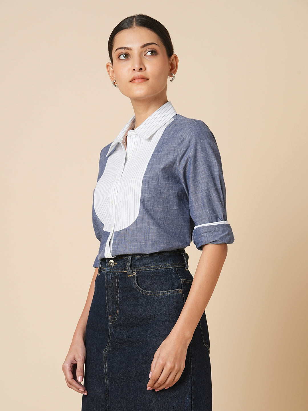 CHAMBRAY SHIRT WITH STRIPED YOKE  & DETAILING