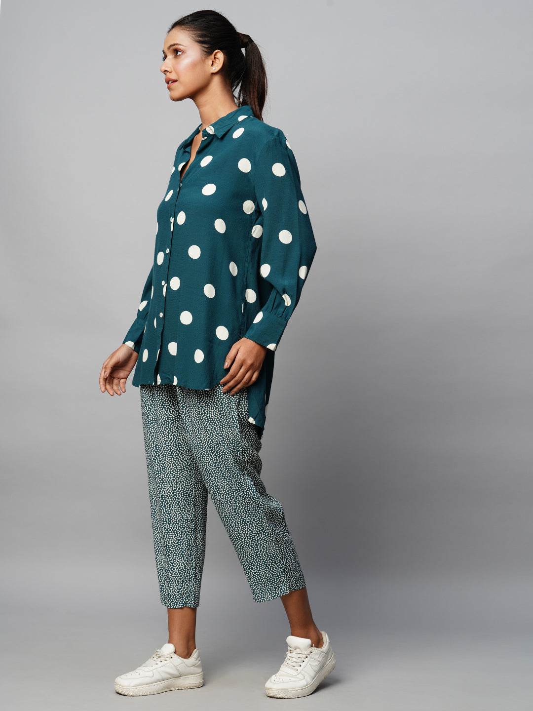 Mix Dot Viscose Crepe Longline Shirt & Pleated Pant Set