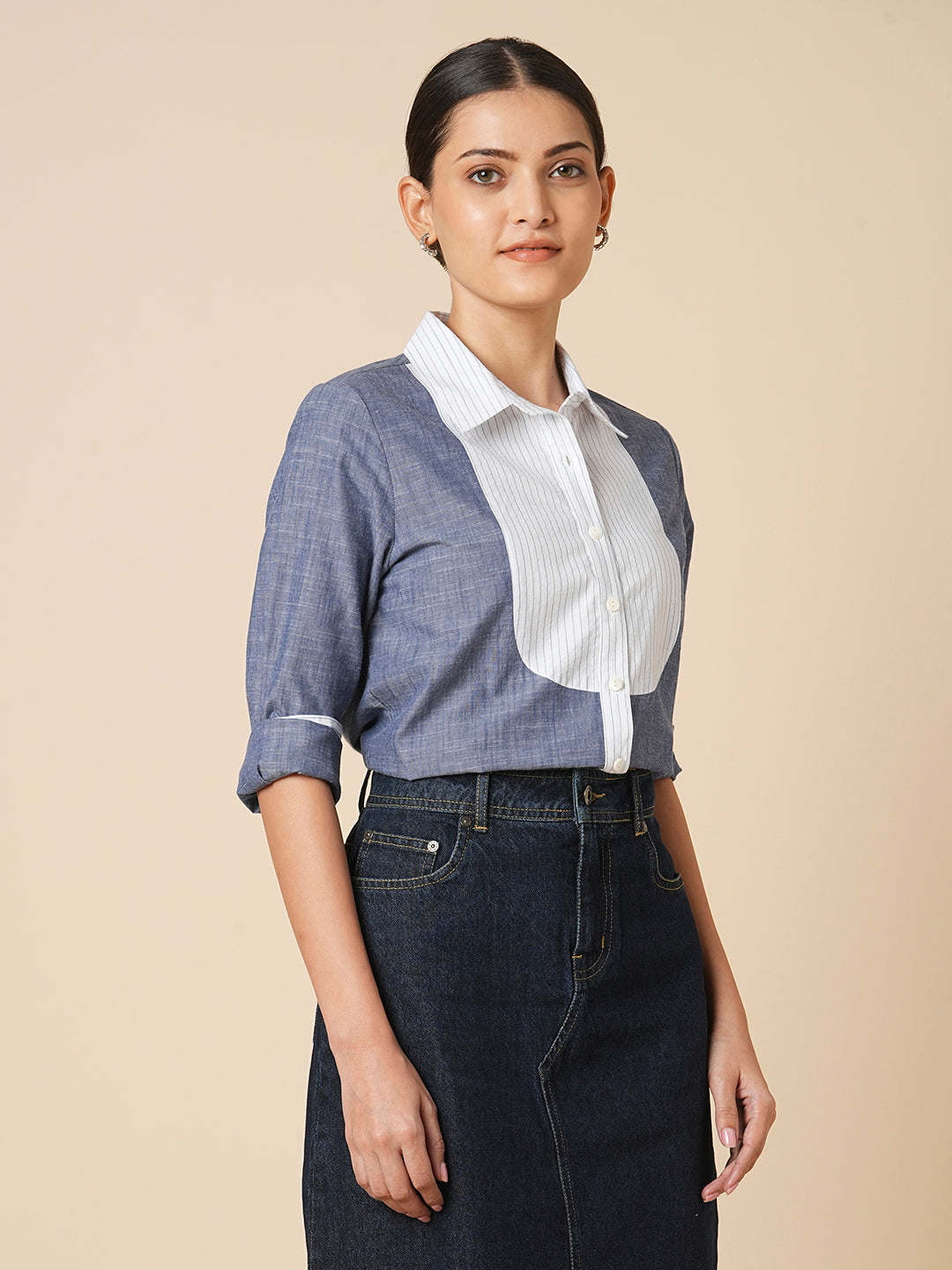 CHAMBRAY SHIRT WITH STRIPED YOKE  & DETAILING