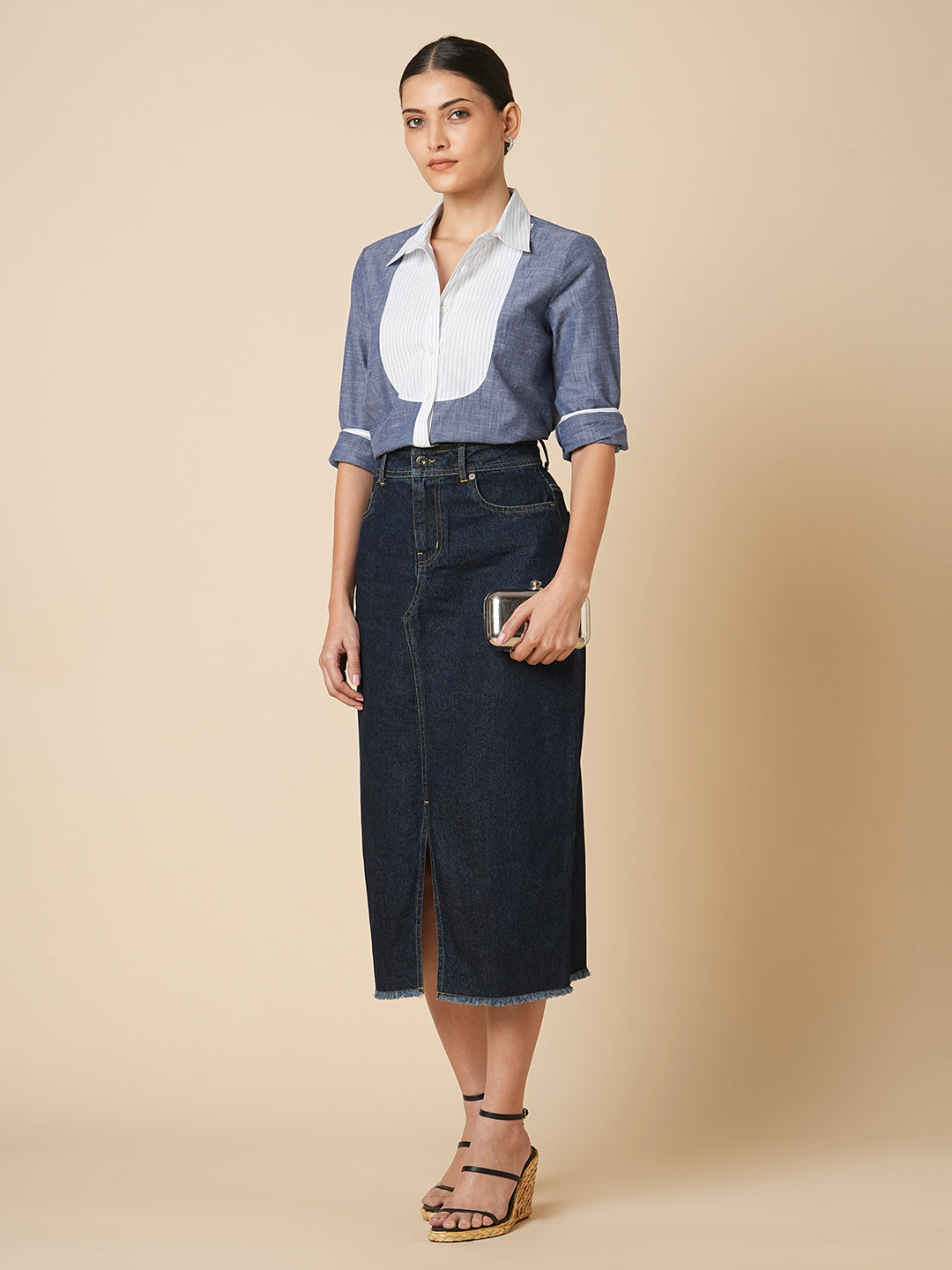 CHAMBRAY SHIRT WITH STRIPED YOKE  & DETAILING