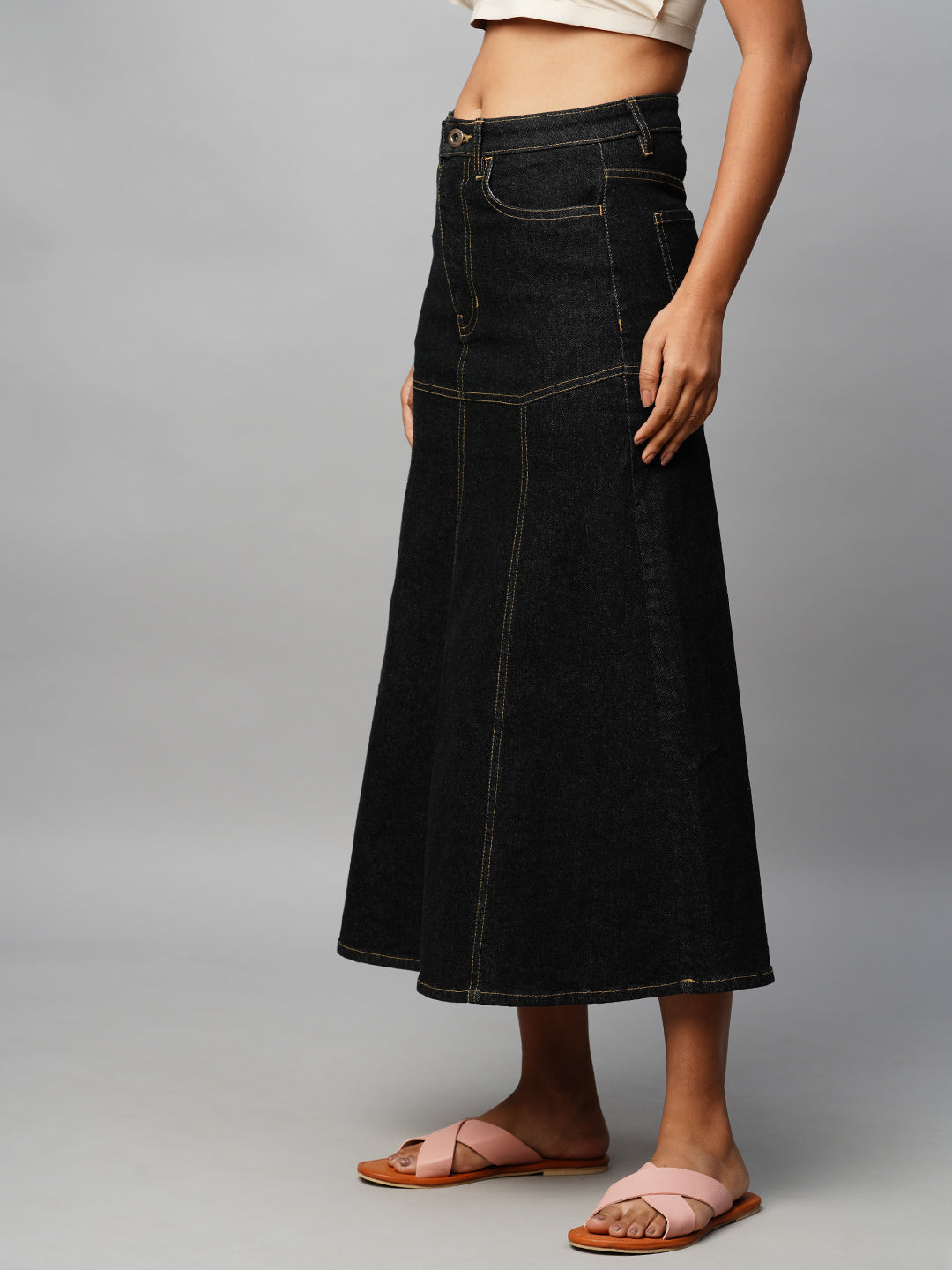 Black Denim Fit N Flare Skirt