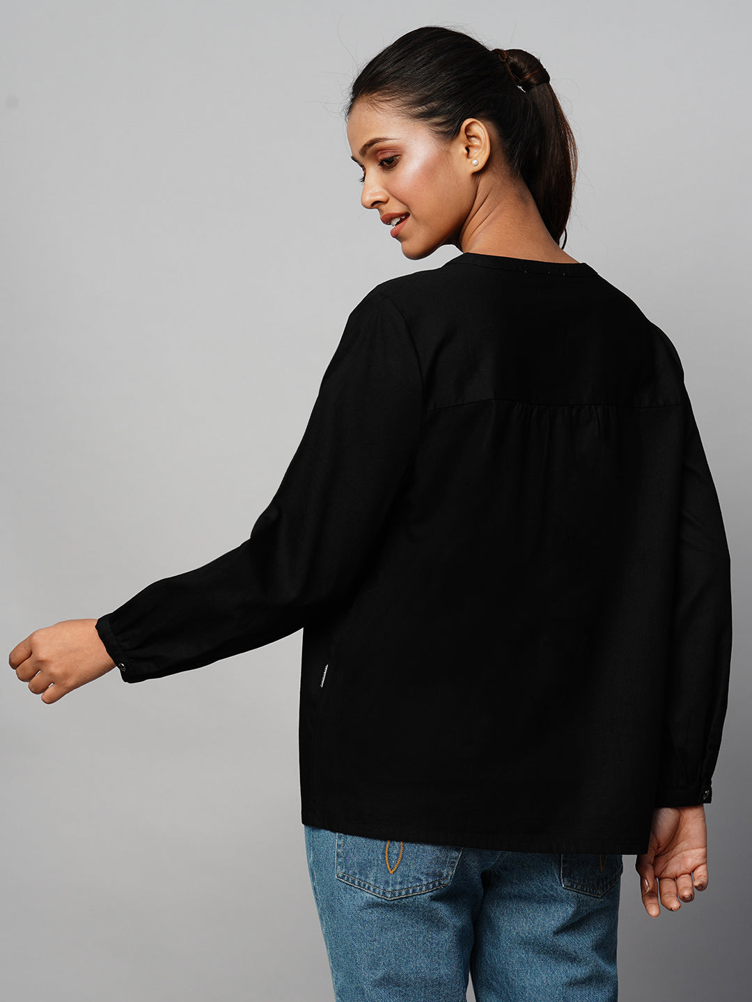 Black Denim Top With Lace Insert Yoke Detailing