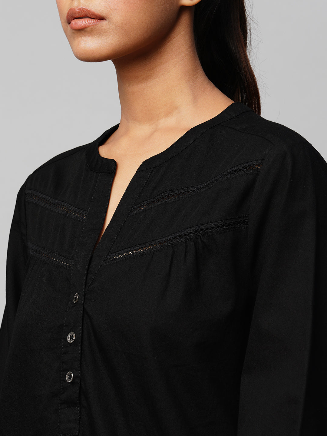 Black Denim Top With Lace Insert Yoke Detailing