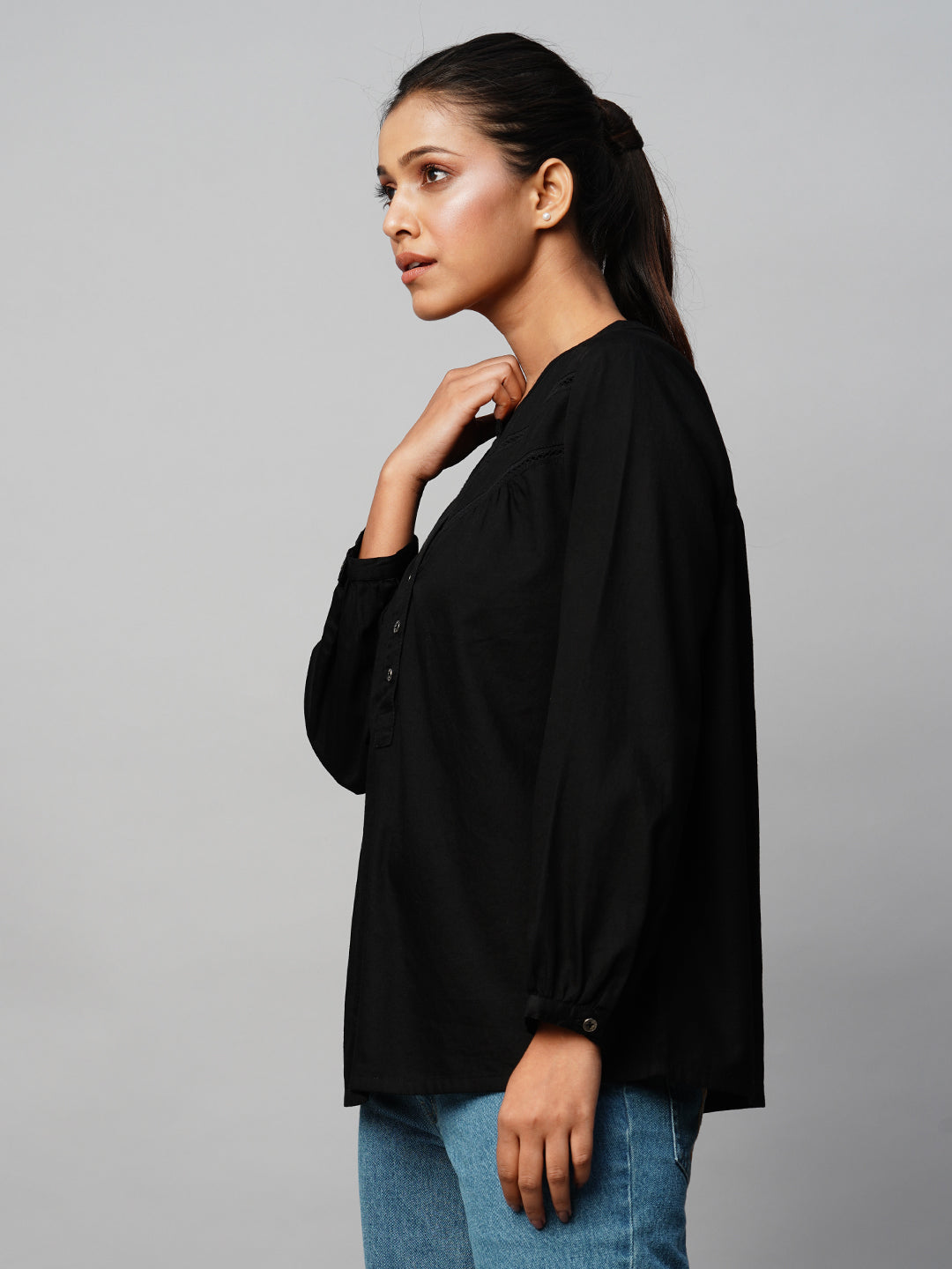 Black Denim Top With Lace Insert Yoke Detailing