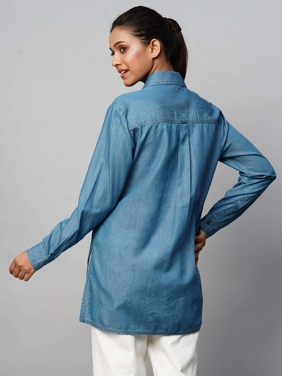 Cotton Tencel Denim Grandad Shirt W/ A High Low Hemline