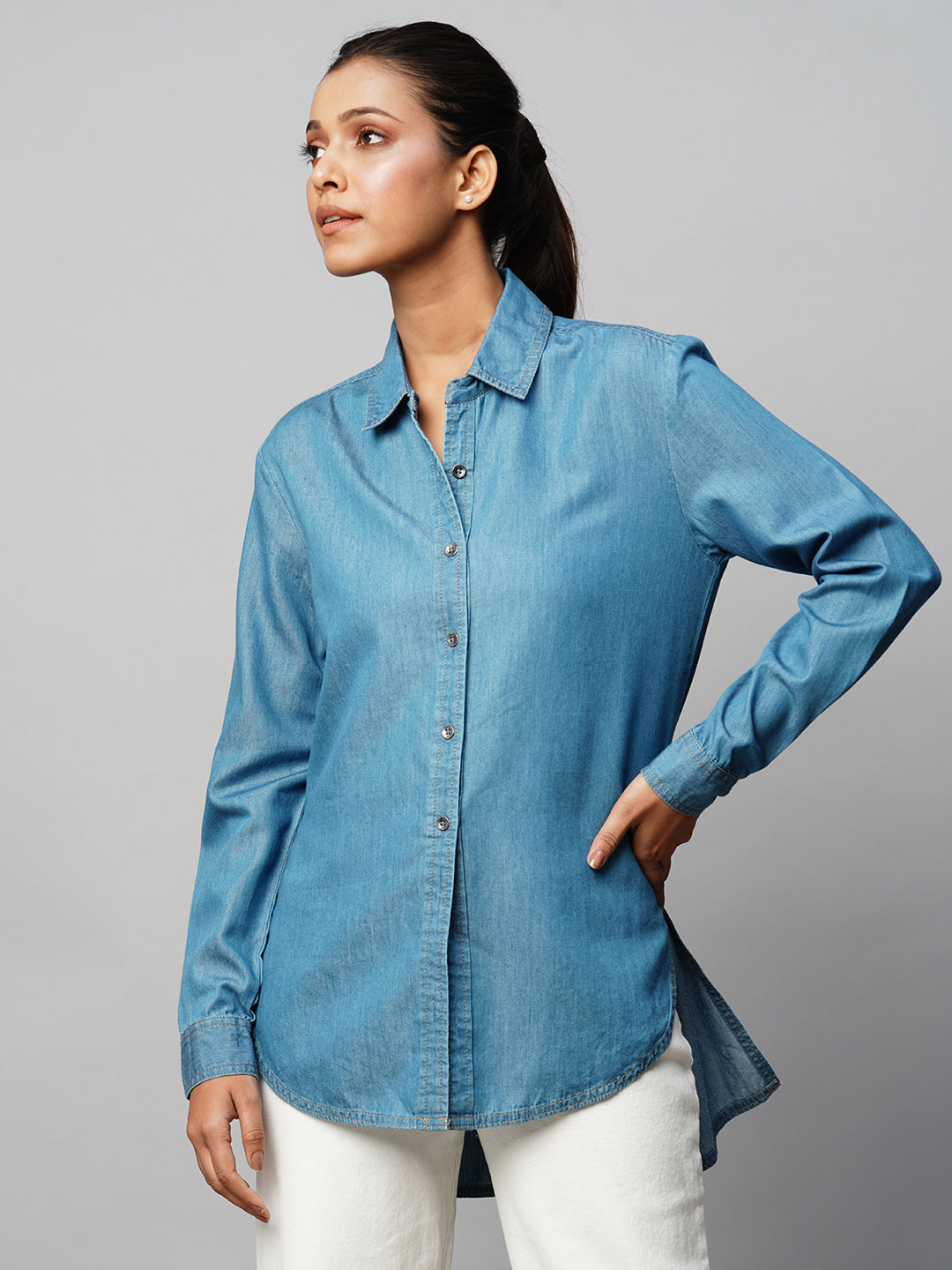 Cotton Tencel Denim Grandad Shirt W/ A High Low Hemline