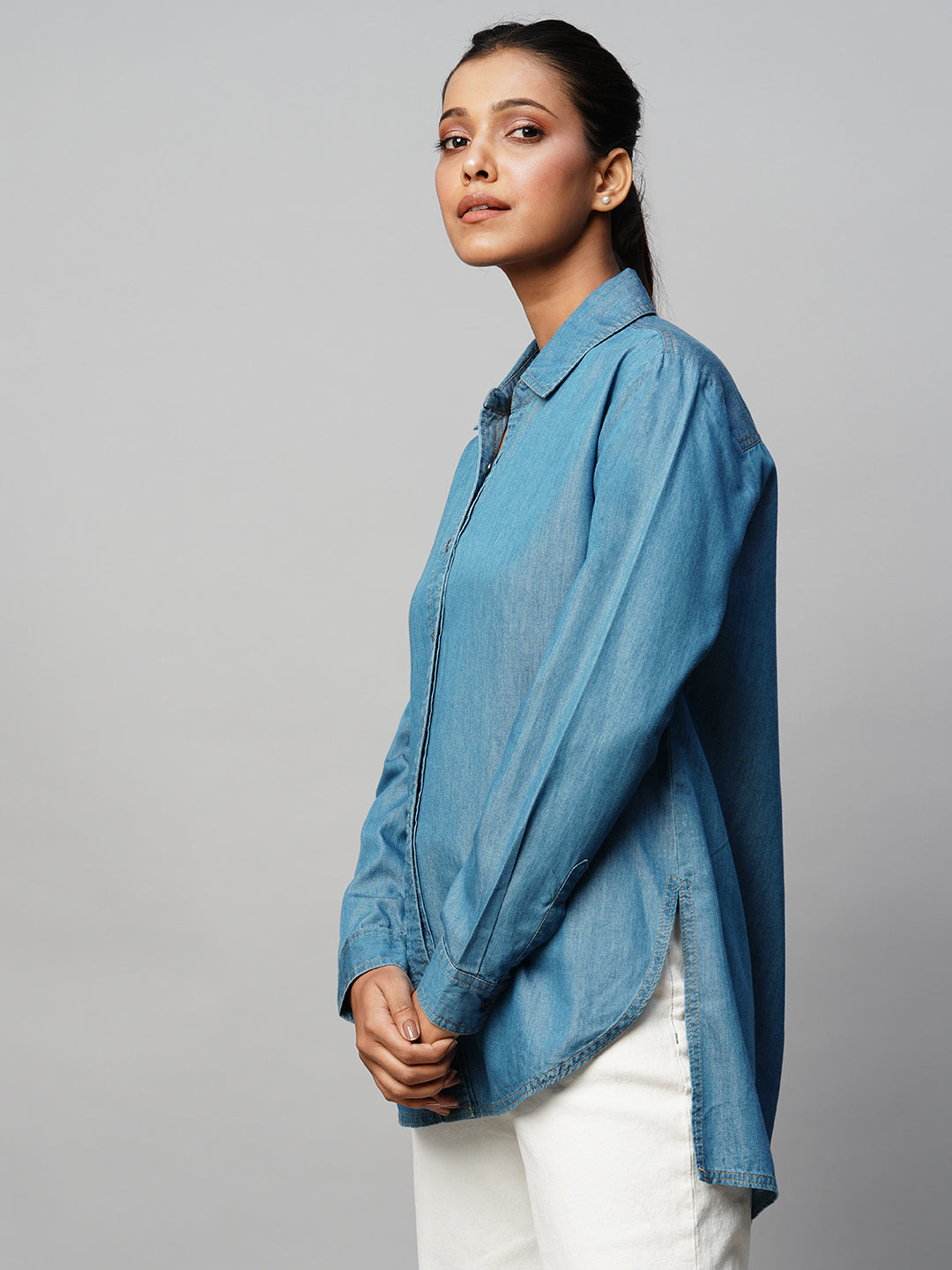 Cotton Tencel Denim Grandad Shirt W/ A High Low Hemline