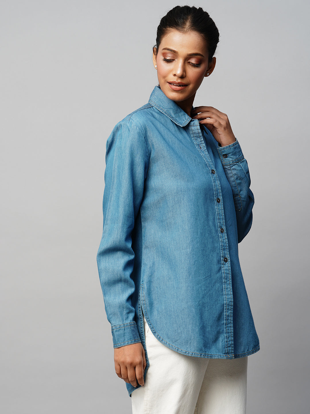 Cotton Tencel Denim Grandad Shirt W/ A High Low Hemline