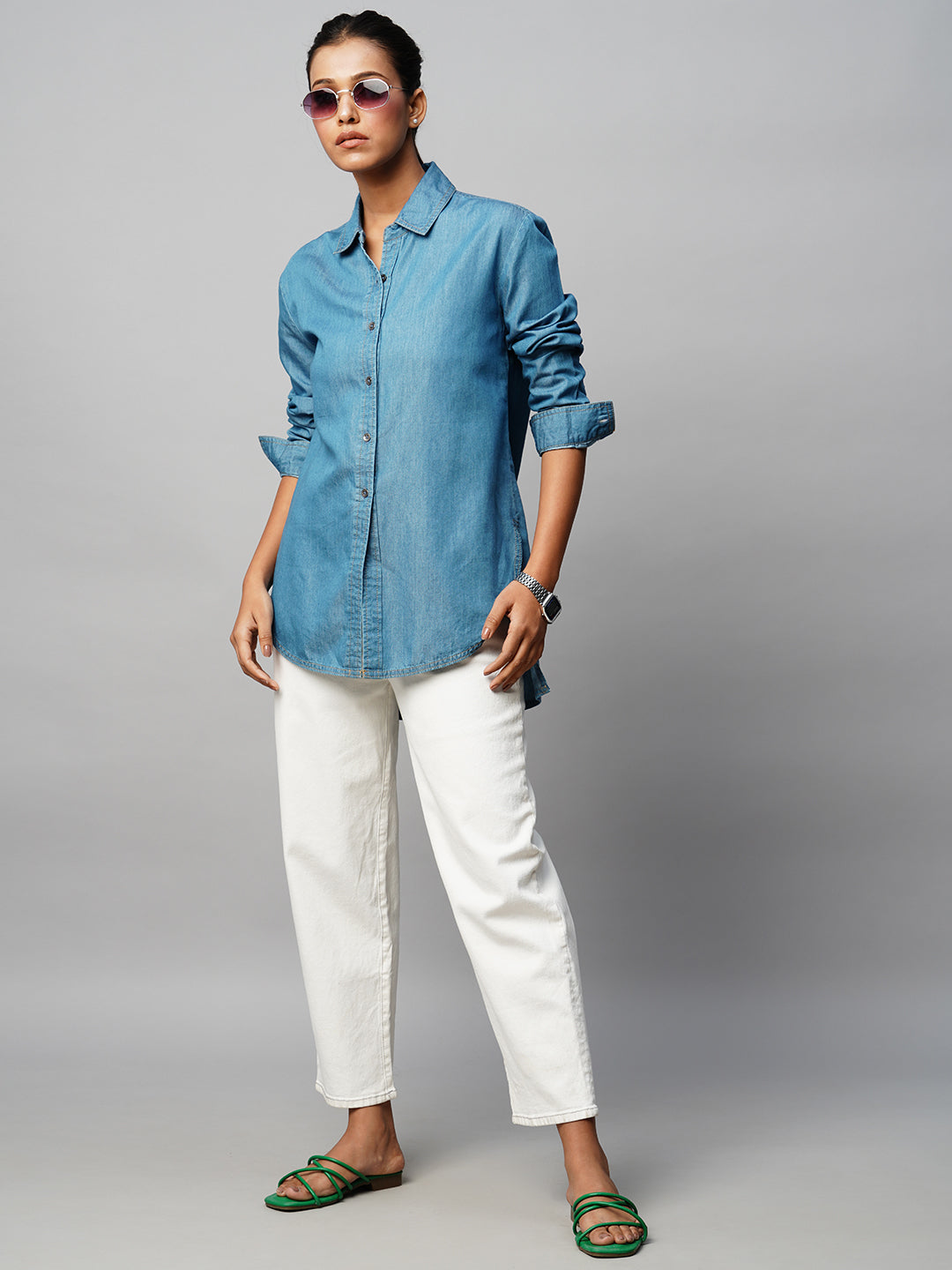 Cotton Tencel Denim Grandad Shirt W/ A High Low Hemline