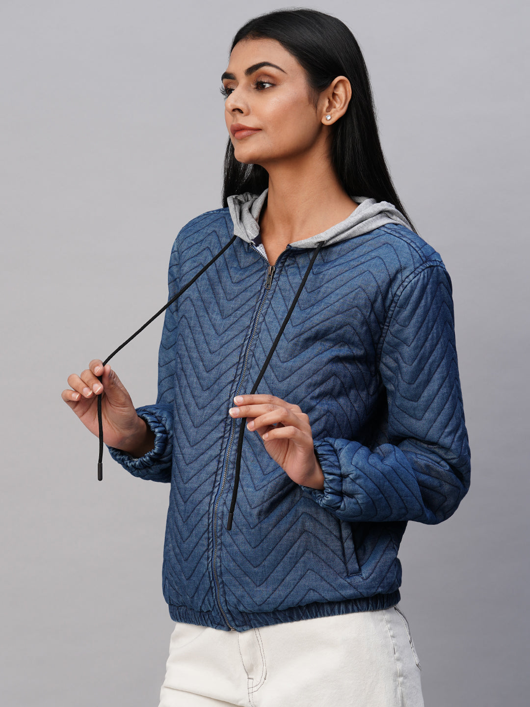 Quilted Denim Lined Zippered Hoodie