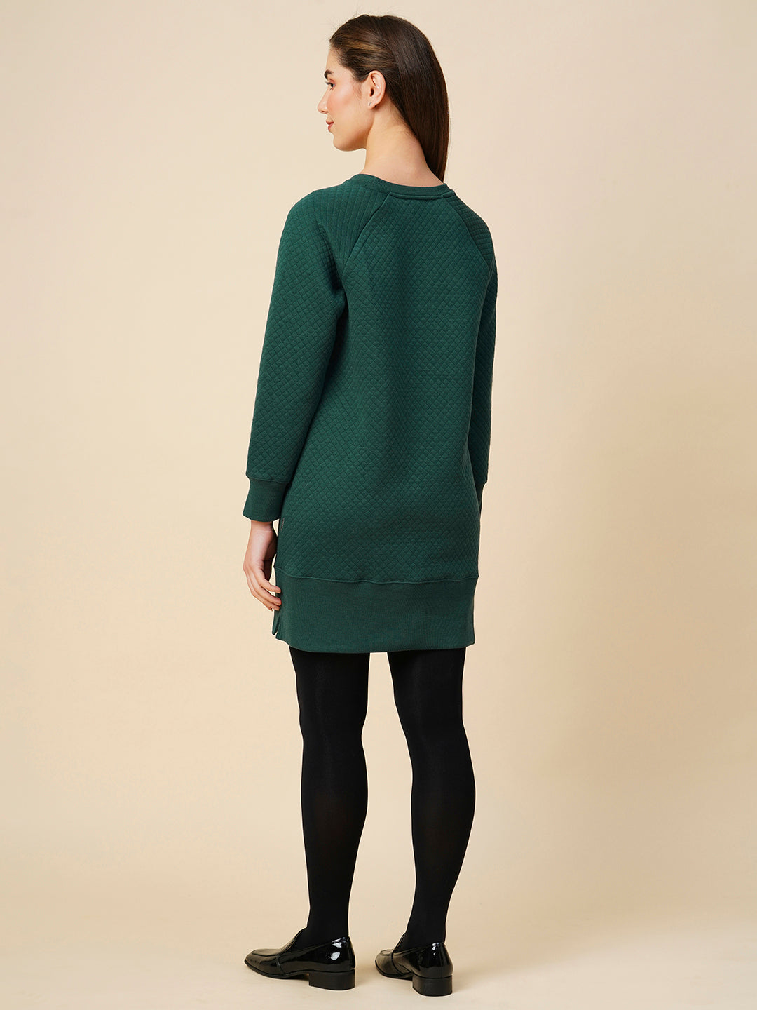 QUILTED JERSEY RAGLAN SWEATSHIRT DRESS W/ RIBBED HEMLINE