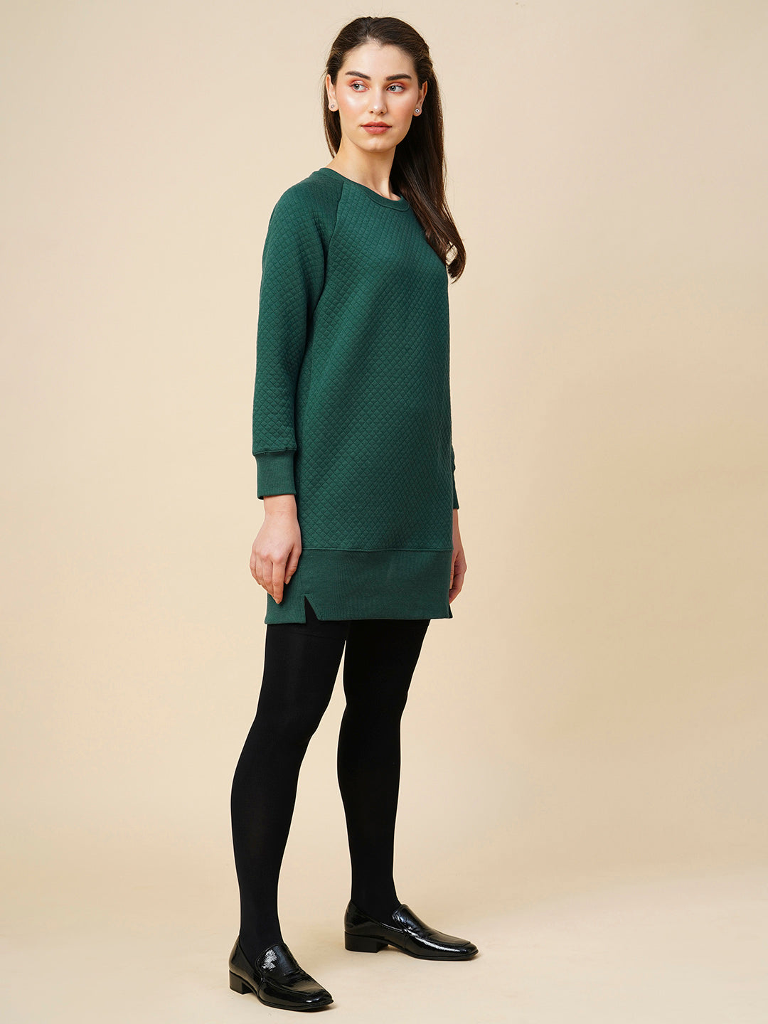 QUILTED JERSEY RAGLAN SWEATSHIRT DRESS W/ RIBBED HEMLINE