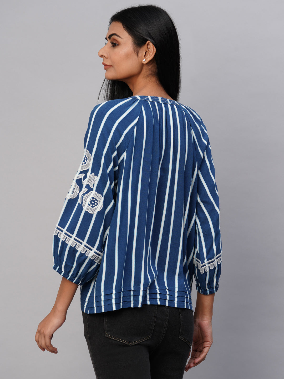 Printed Stripes Viscose Tunic Top W/ Embroidered Sleeves