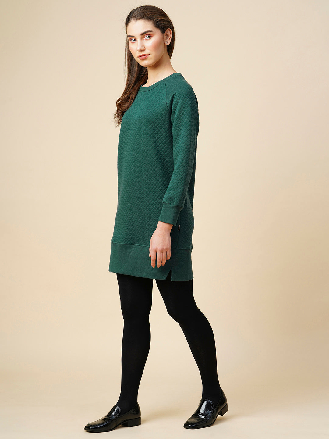 QUILTED JERSEY RAGLAN SWEATSHIRT DRESS W/ RIBBED HEMLINE