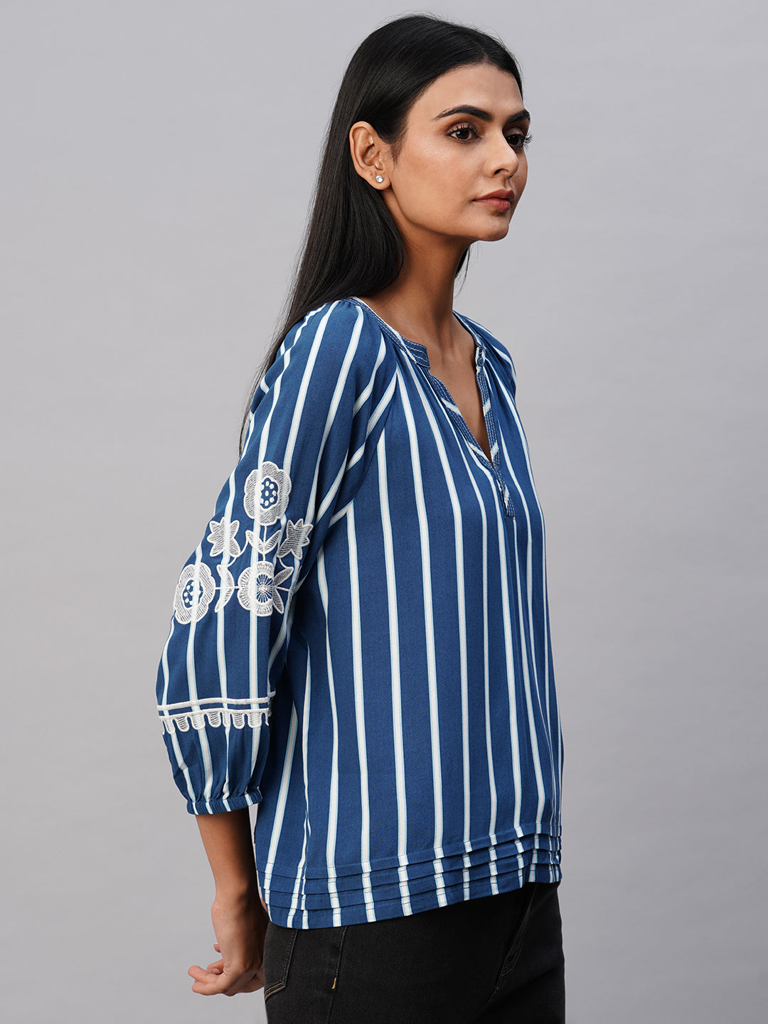 Printed Stripes Viscose Tunic Top W/ Embroidered Sleeves