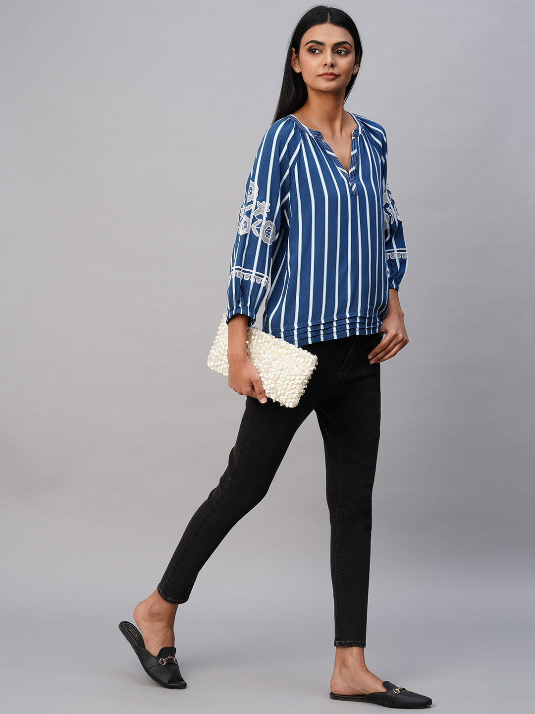 Printed Stripes Viscose Tunic Top W/ Embroidered Sleeves