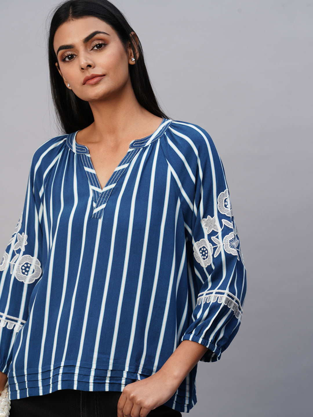 Printed Stripes Viscose Tunic Top W/ Embroidered Sleeves