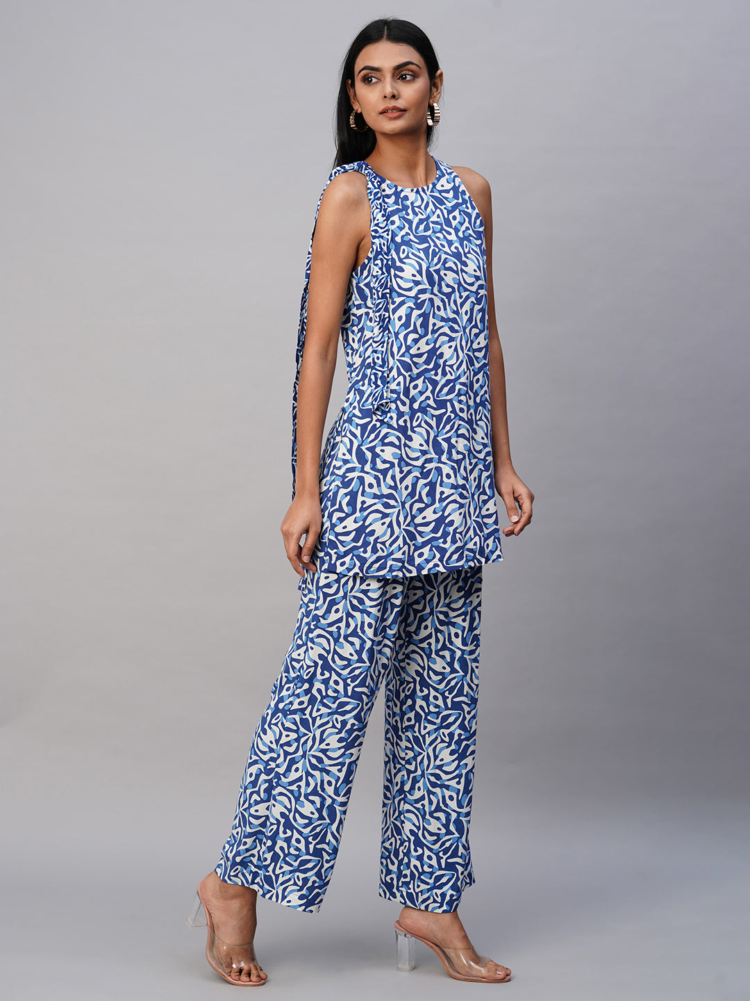 ABSTRACT PRINT VISCOSE INCUT KURTA  & PLEATED FLARED LEG PANT SET