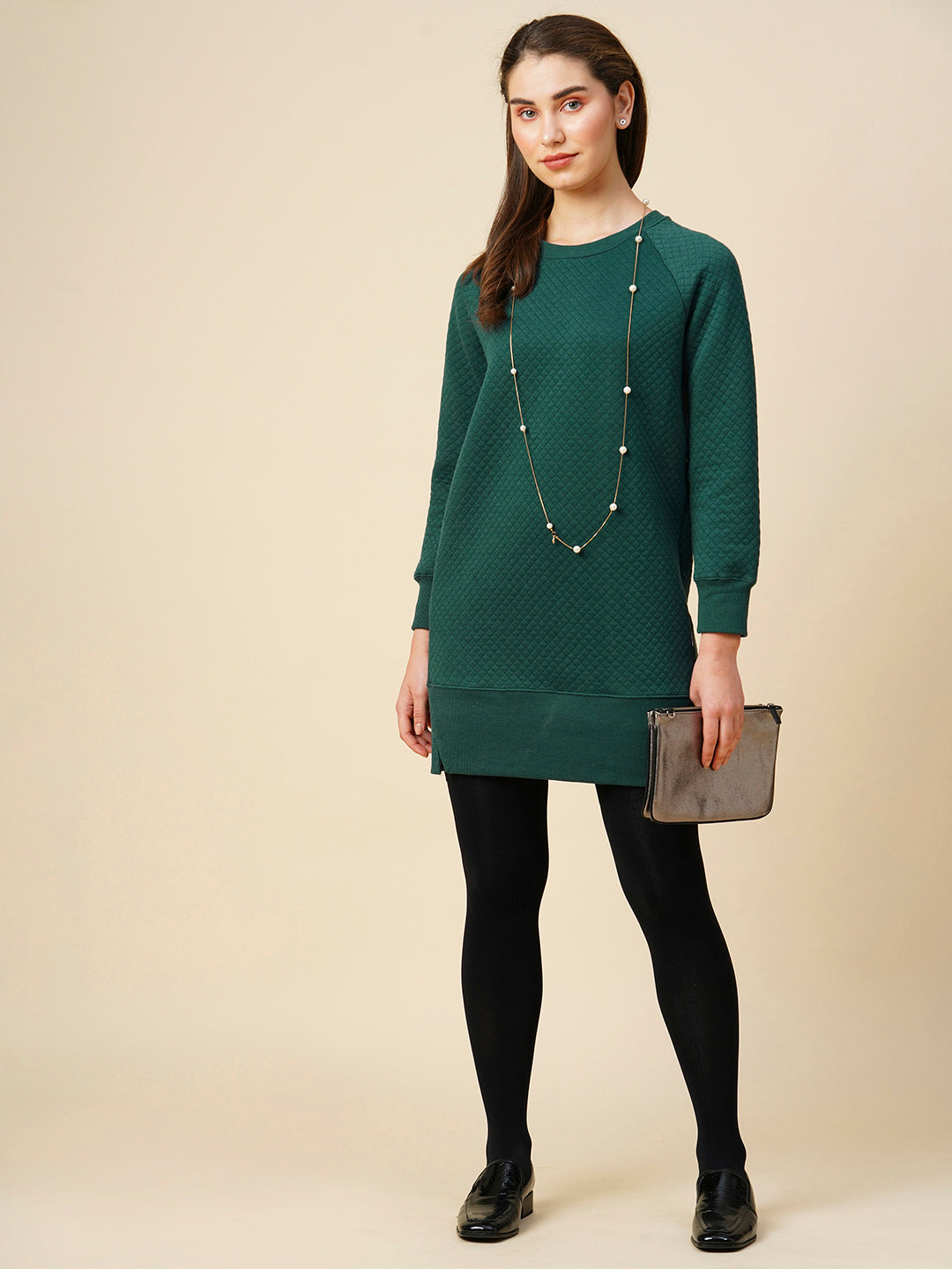 QUILTED JERSEY RAGLAN SWEATSHIRT DRESS W/ RIBBED HEMLINE