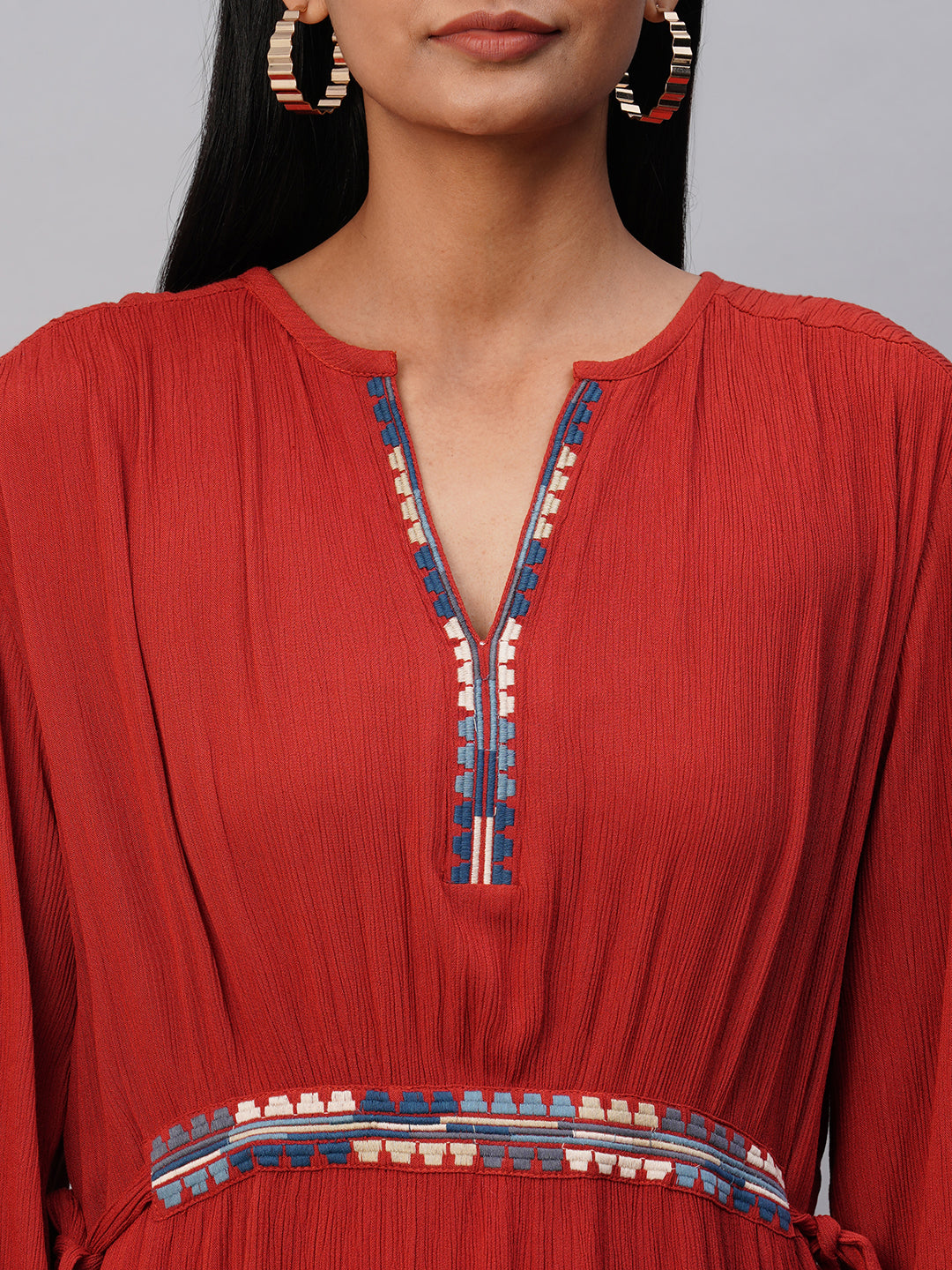 Crinkle Rayon Embroidered Tunic Dress