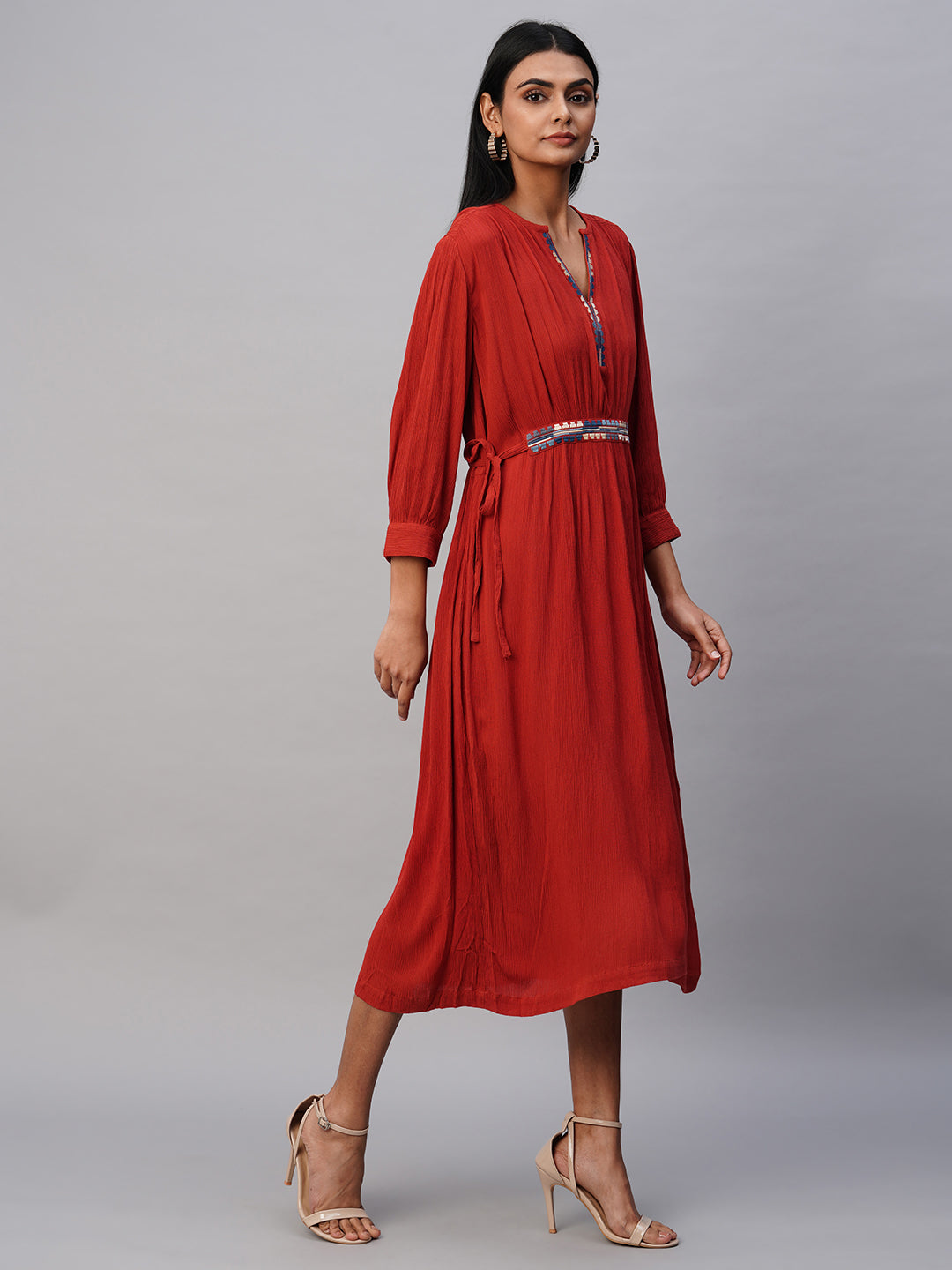 Crinkle Rayon Embroidered Tunic Dress